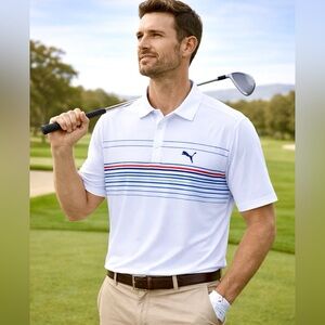 Puma MATTR Canyon Polo Men’s XL White Blue Stripe Golf Shirt DryCELL UPF 40+ EUC